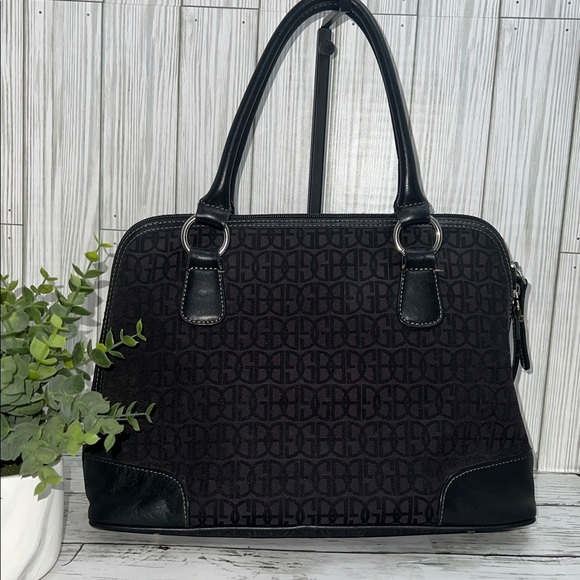 Gianni Bini Handbags - Gianni Bini Black Jacquard Logo Satchel Tote Handbag Leather Trim Structured Bag